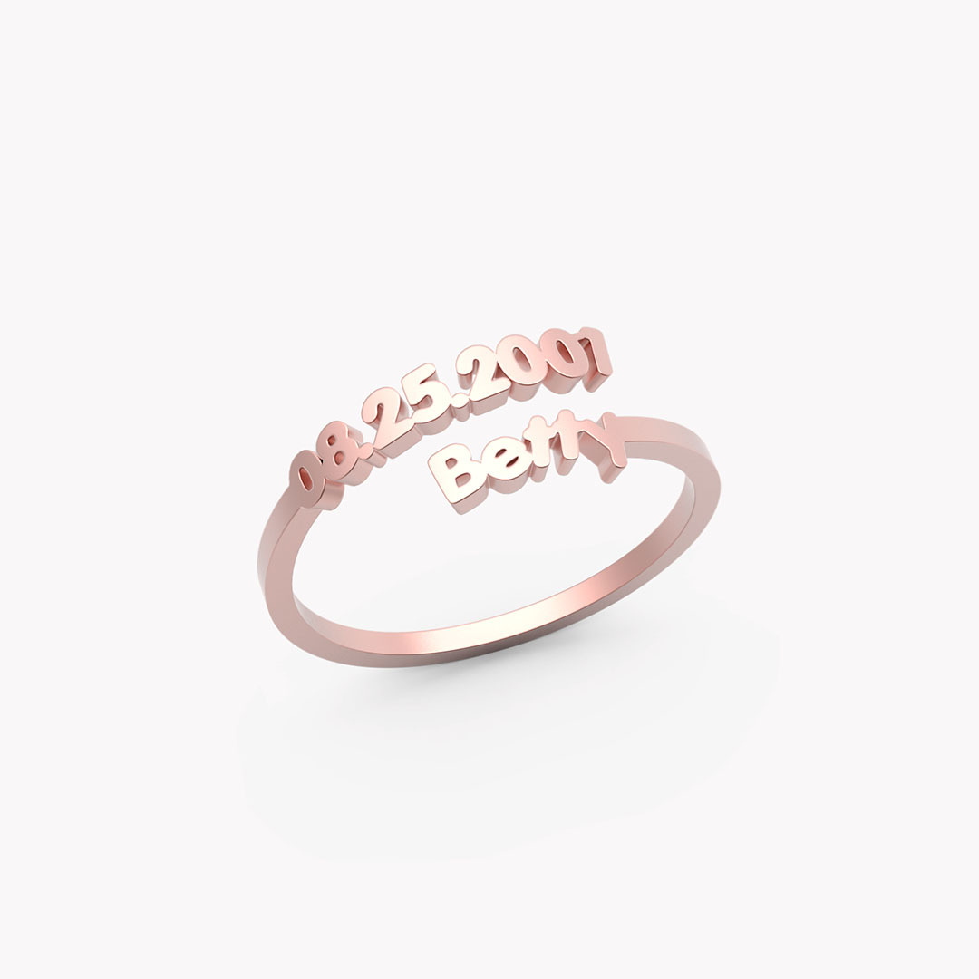 Dainty Adjustable Open Custom Name Date Ring, Minimalist Gold Stackable Keepsake Ring for Her