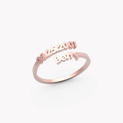 Dainty Adjustable Open Custom Name Date Ring, Minimalist Gold Stackable Keepsake Ring for Her