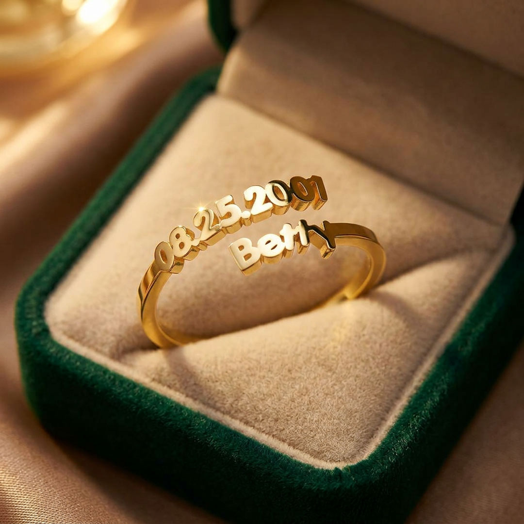 Dainty Adjustable Open Custom Name Date Ring, Minimalist Gold Stackable Keepsake Ring for Her