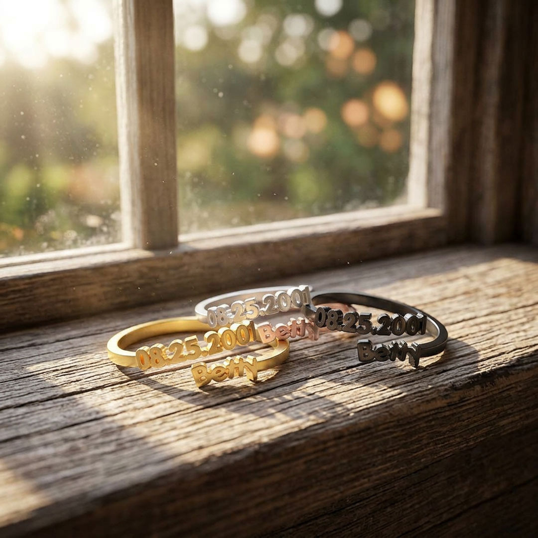 Dainty Adjustable Open Custom Name Date Ring, Minimalist Gold Stackable Keepsake Ring for Her