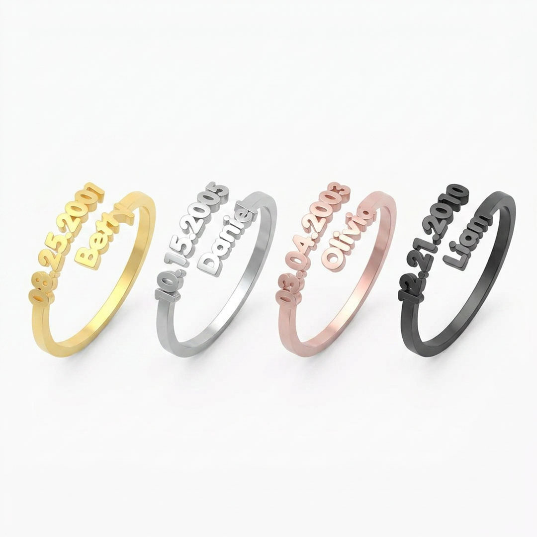 Dainty Adjustable Open Custom Name Date Ring, Minimalist Gold Stackable Keepsake Ring for Her