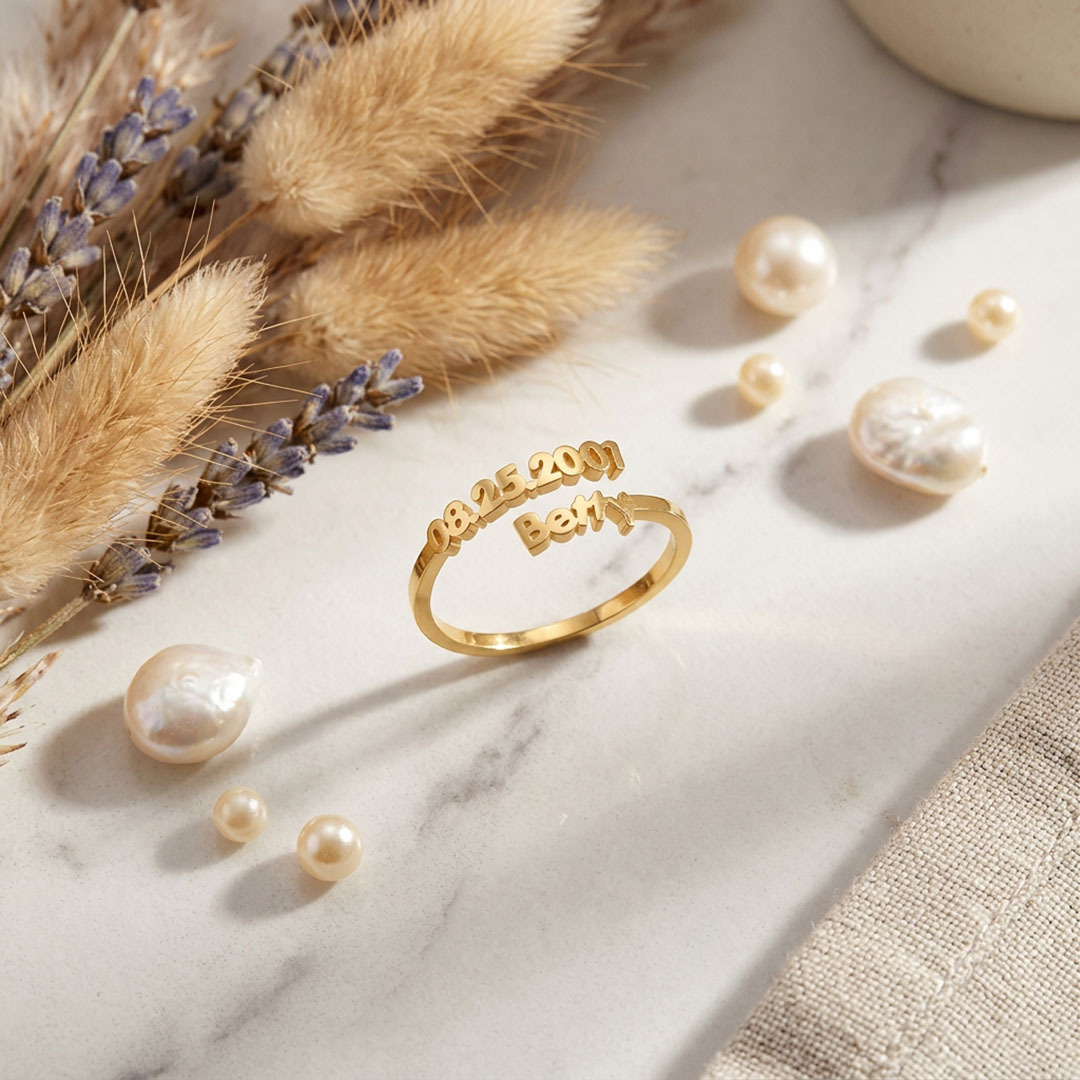 Dainty Adjustable Open Custom Name Date Ring, Minimalist Gold Stackable Keepsake Ring for Her
