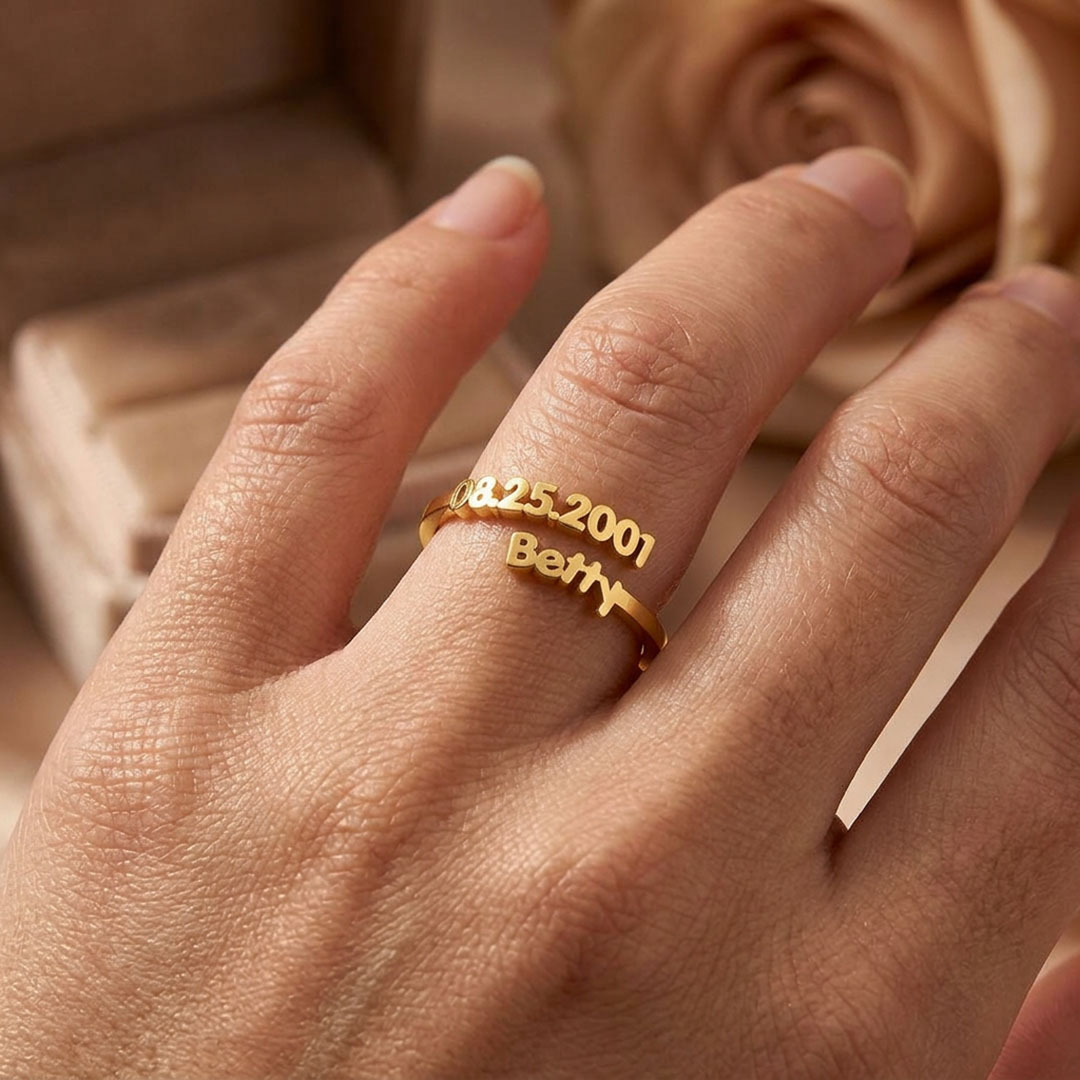 Dainty Adjustable Open Custom Name Date Ring, Minimalist Gold Stackable Keepsake Ring for Her