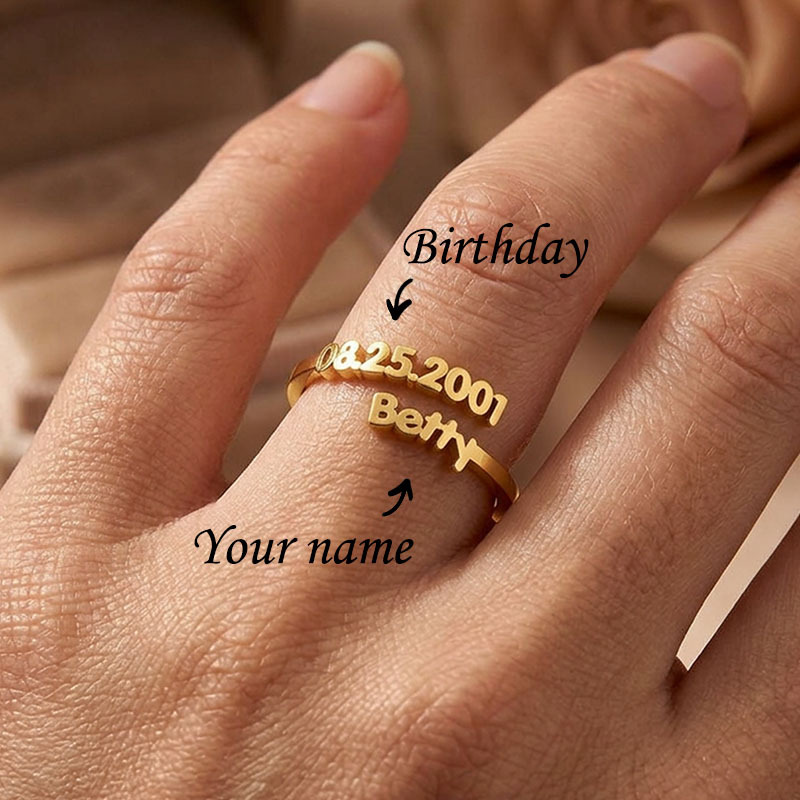 Dainty Adjustable Open Custom Name Date Ring, Minimalist Gold Stackable Keepsake Ring for Her