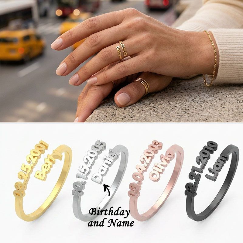Dainty Adjustable Open Custom Name Date Ring, Minimalist Gold Stackable Keepsake Ring for Her