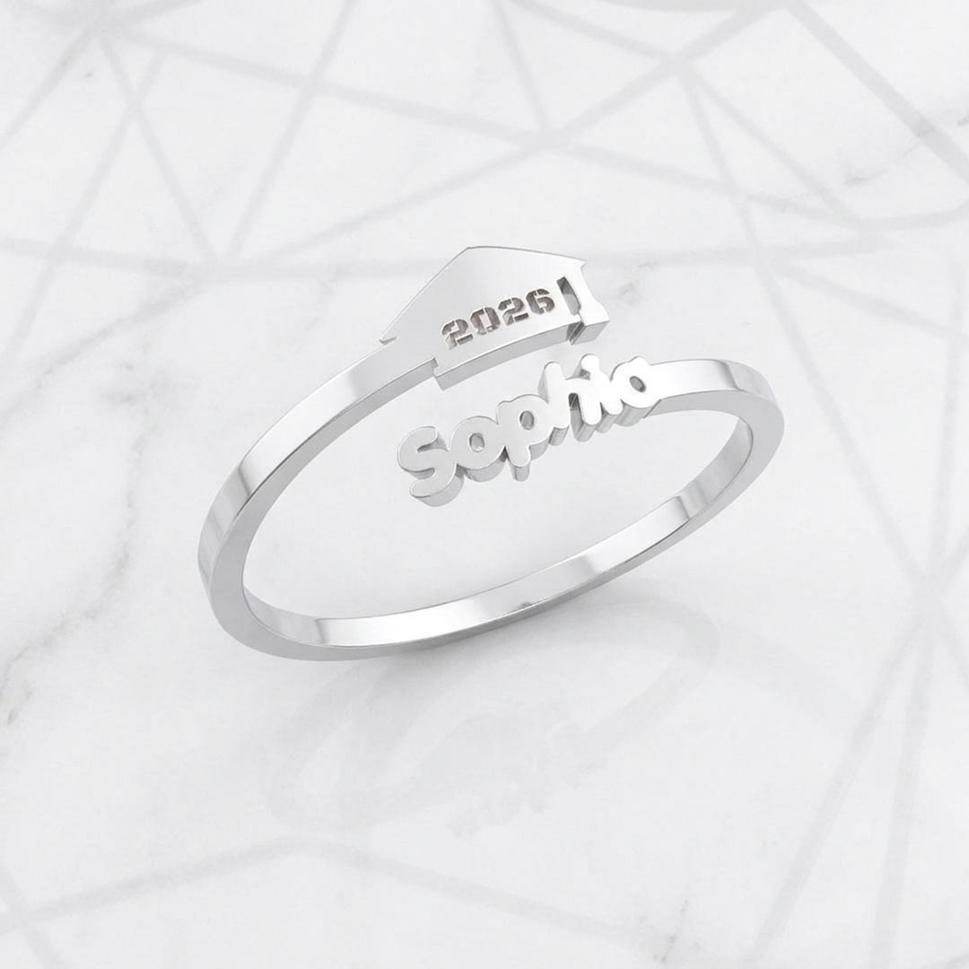 Custom Graduation Cap Name Ring, Personalized 2026 Graduate Adjustable Open Ring Gift
