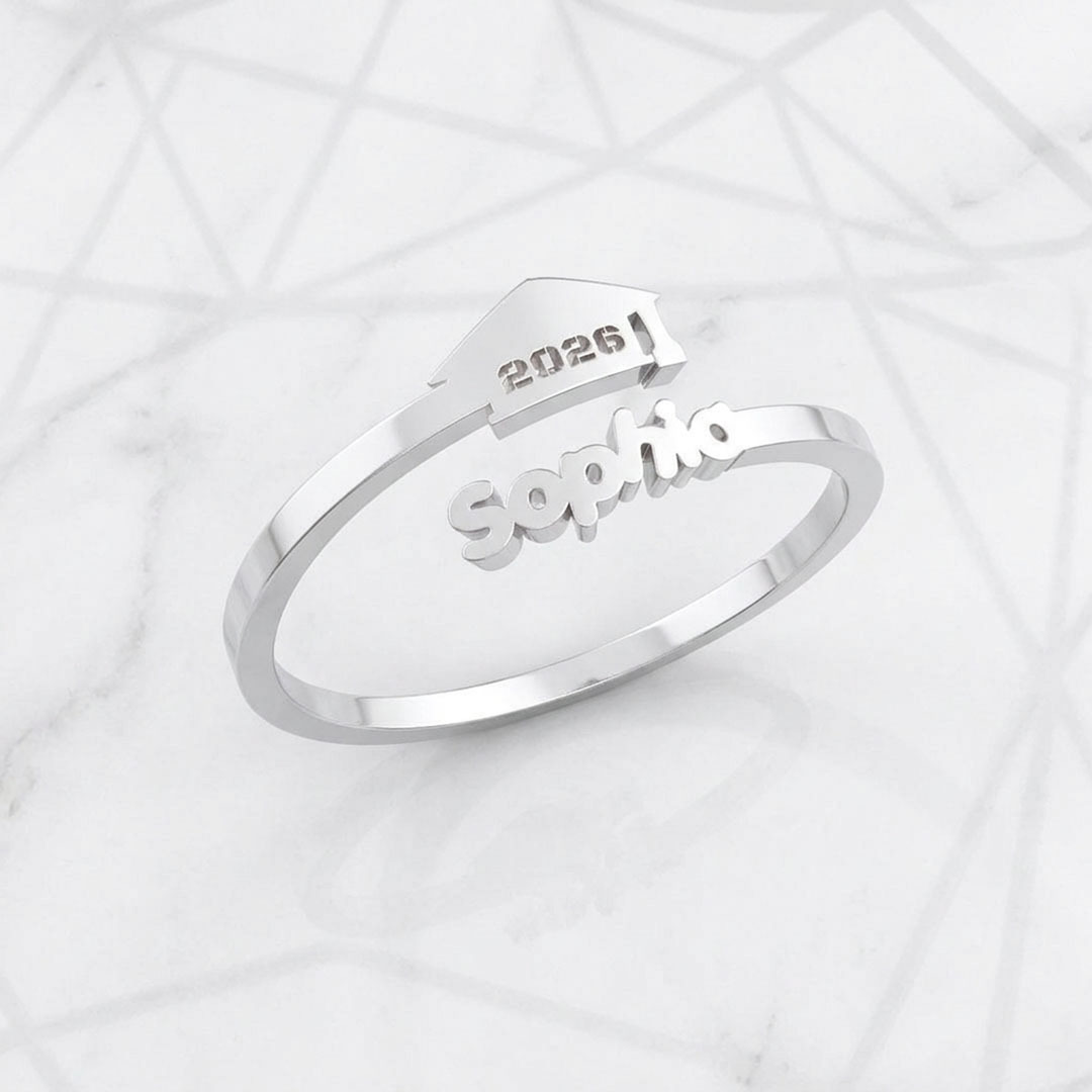 Custom Graduation Cap Name Ring, Personalized 2026 Graduate Adjustable Open Ring Gift