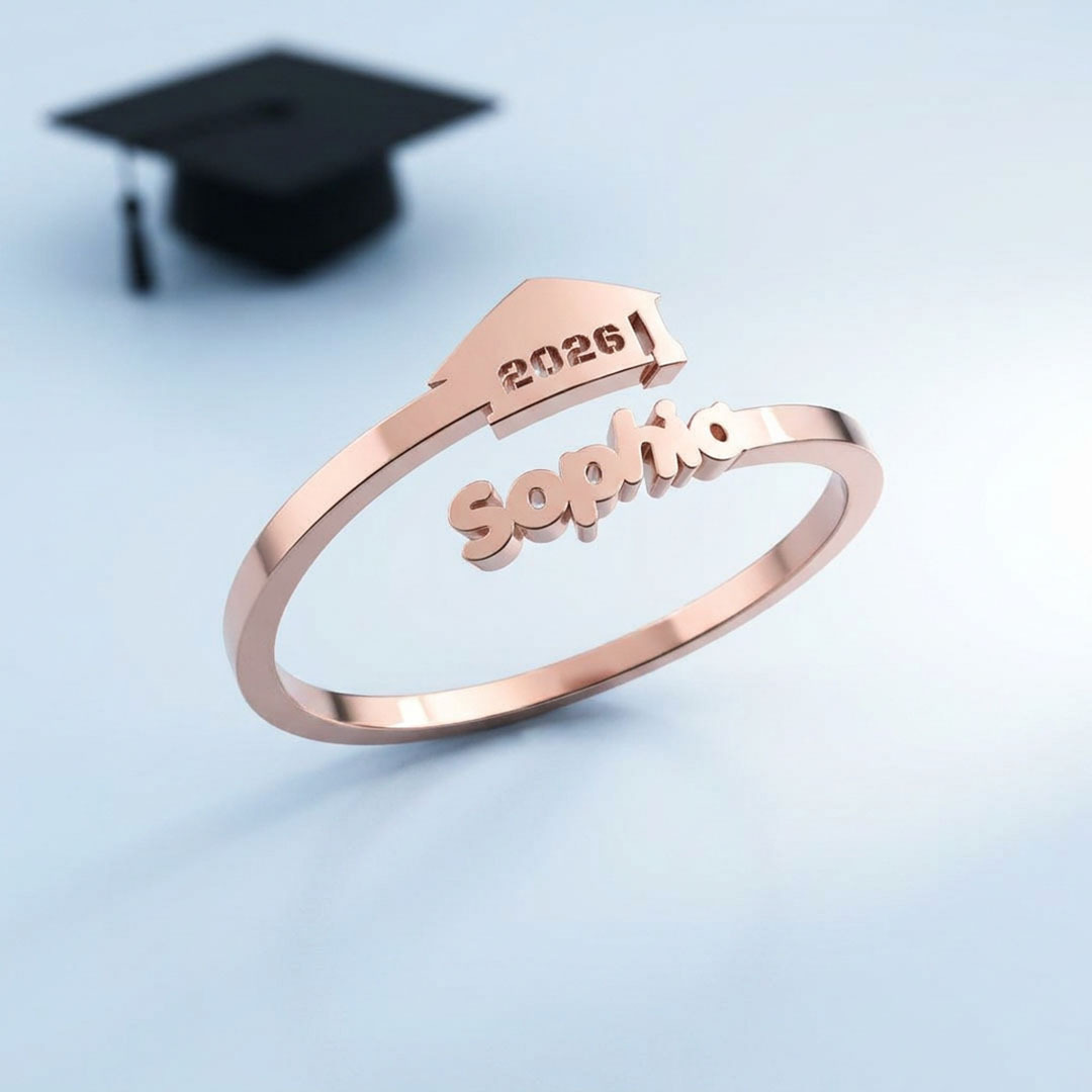 Custom Graduation Cap Name Ring, Personalized 2026 Graduate Adjustable Open Ring Gift