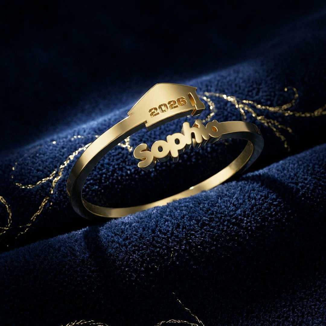 Custom Graduation Cap Name Ring, Personalized 2026 Graduate Adjustable Open Ring Gift