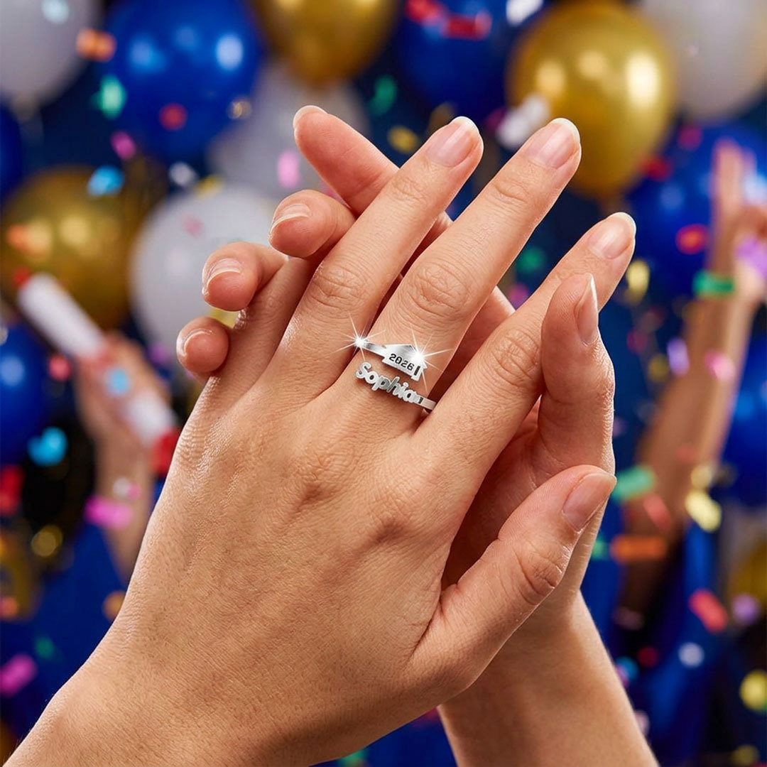 Custom Graduation Cap Name Ring, Personalized 2026 Graduate Adjustable Open Ring Gift