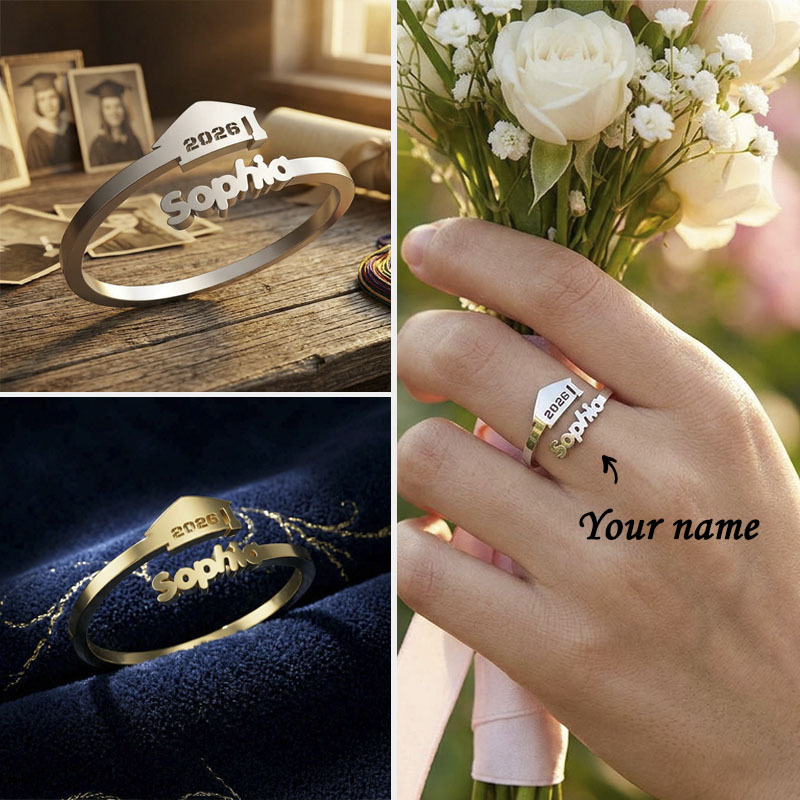 Custom Graduation Cap Name Ring, Personalized 2026 Graduate Adjustable Open Ring Gift