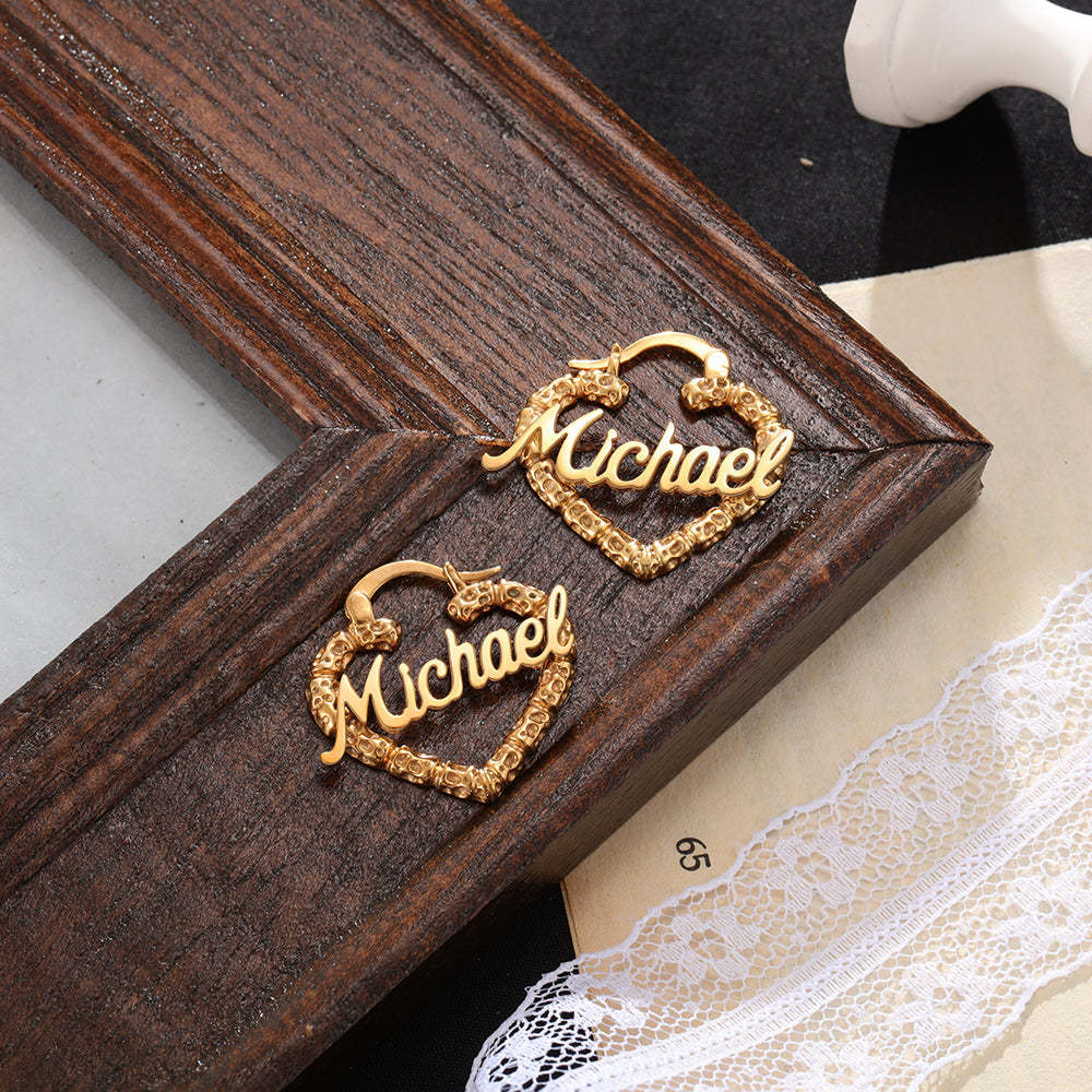 Mother's Day Gift Personalized Heart Name Earrings Custom Bamboo Hoop Earrings for Women-Engravingift
