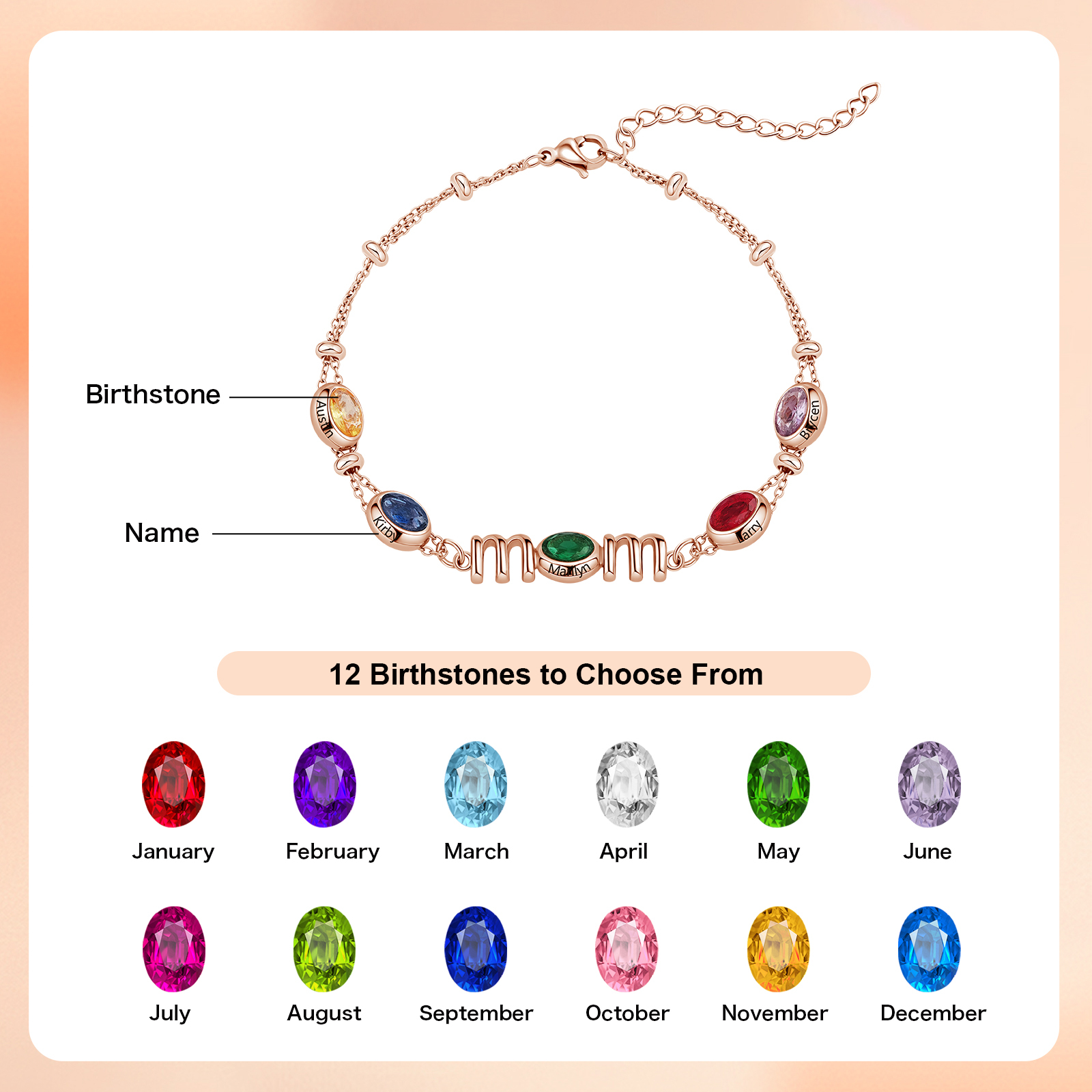 Personalized Mom Birthstone Bracelet, Custom Name Family Bracelet