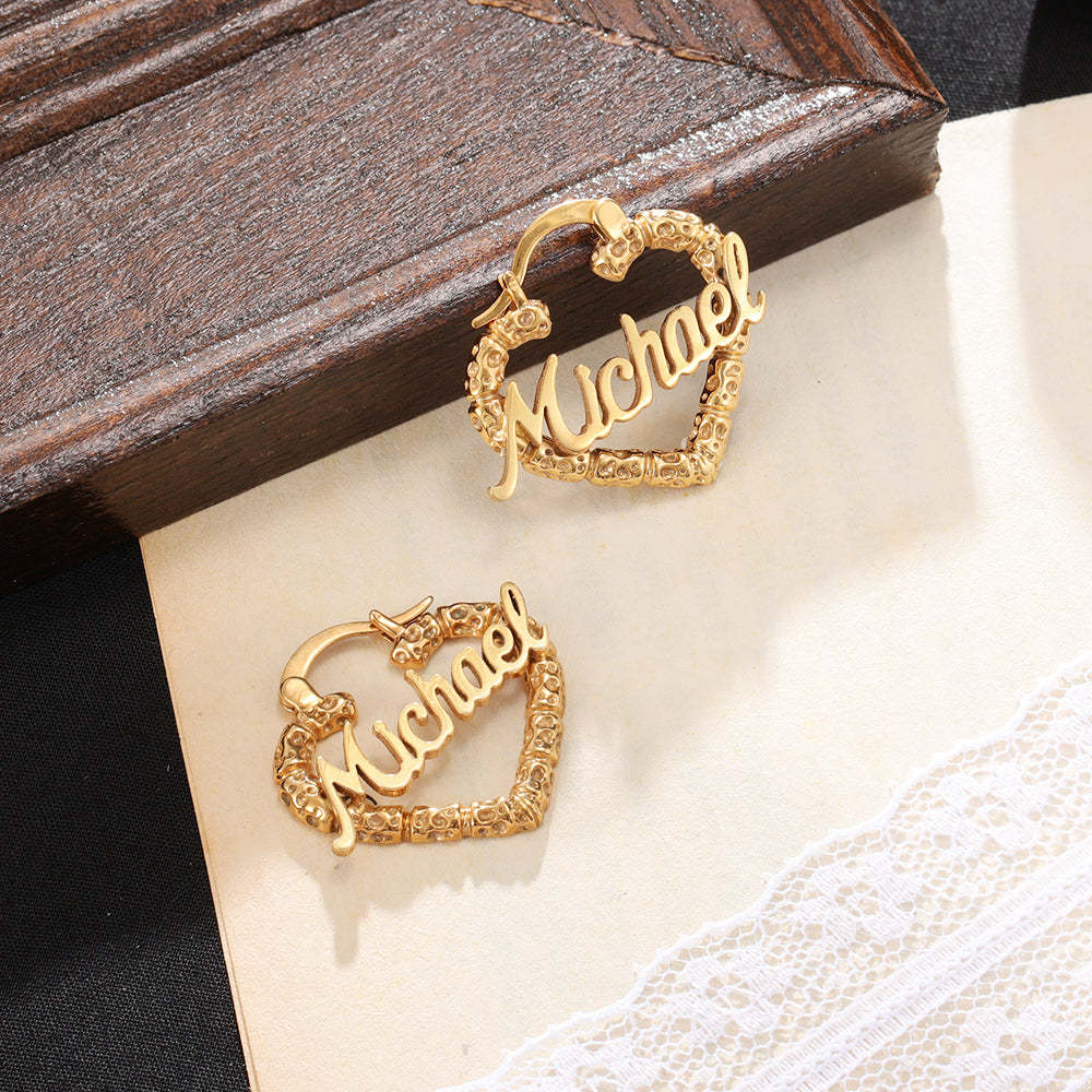 Mother's Day Gift Personalized Heart Name Earrings Custom Bamboo Hoop Earrings for Women-Engravingift