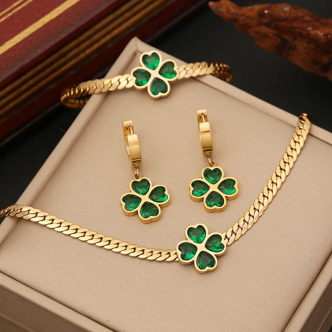 Mother's Day Four Leaf Clover Necklace Bracelet Ring Emerald Jewelry Set for Her-Engravingift