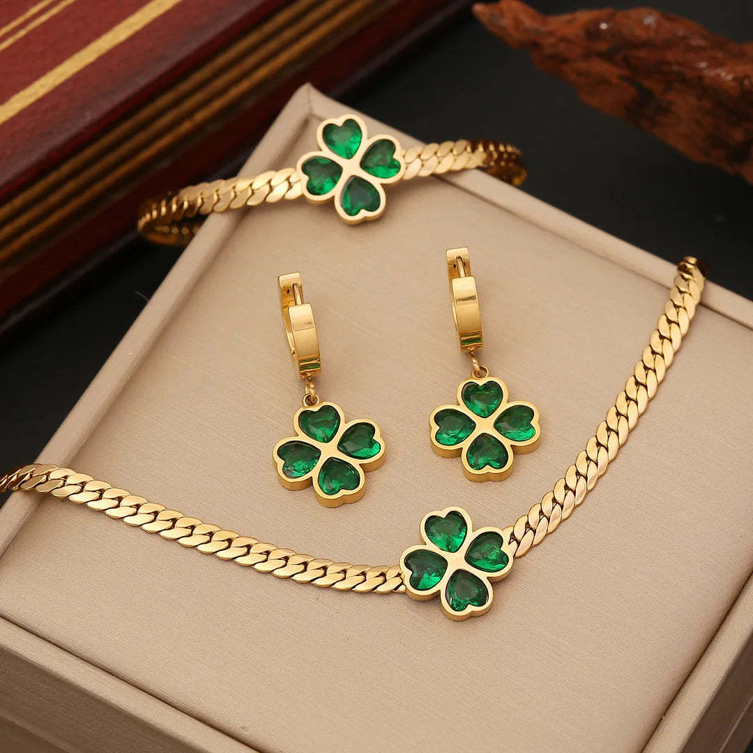 Mother's Day Four Leaf Clover Necklace Bracelet Ring Emerald Jewelry Set for Her-Engravingift