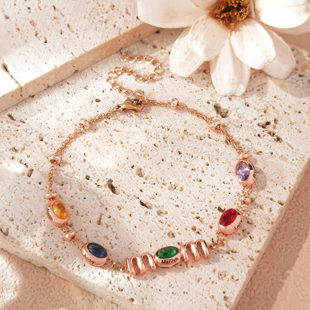Personalized Mom Birthstone Bracelet, Custom Name Family Bracelet