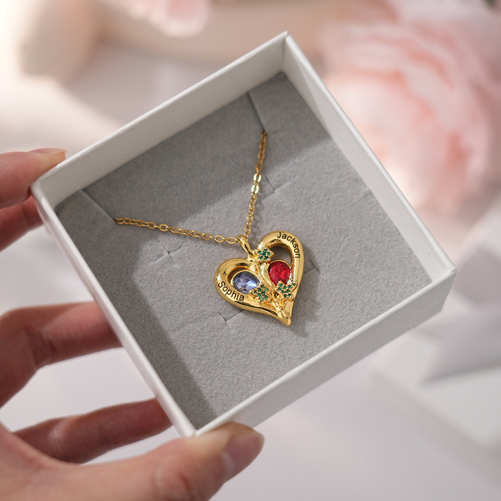 Personalized Love Necklace Custom 2 Birthstones & Names for Women
