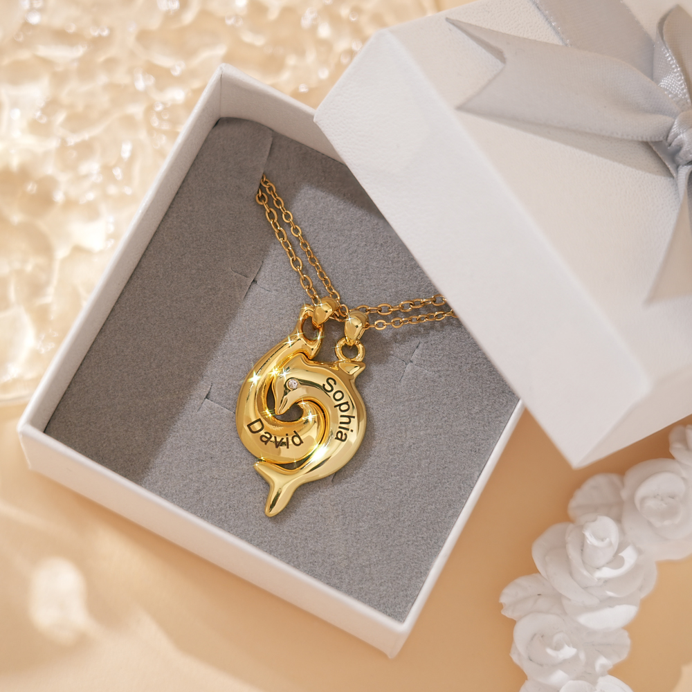 Personalized Dolphin Couple Necklace, Custom 2 Names Jewelry