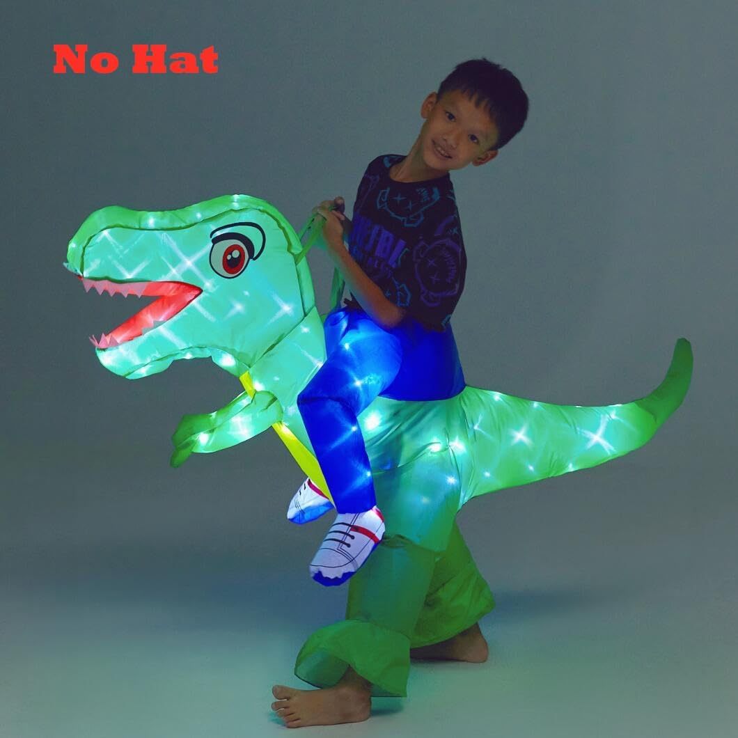 Kids Inflatable Costume, Dinosaur Rider,Blow Up T-REX Costumes with LED Light for Cosplay Halloween Christmas Party