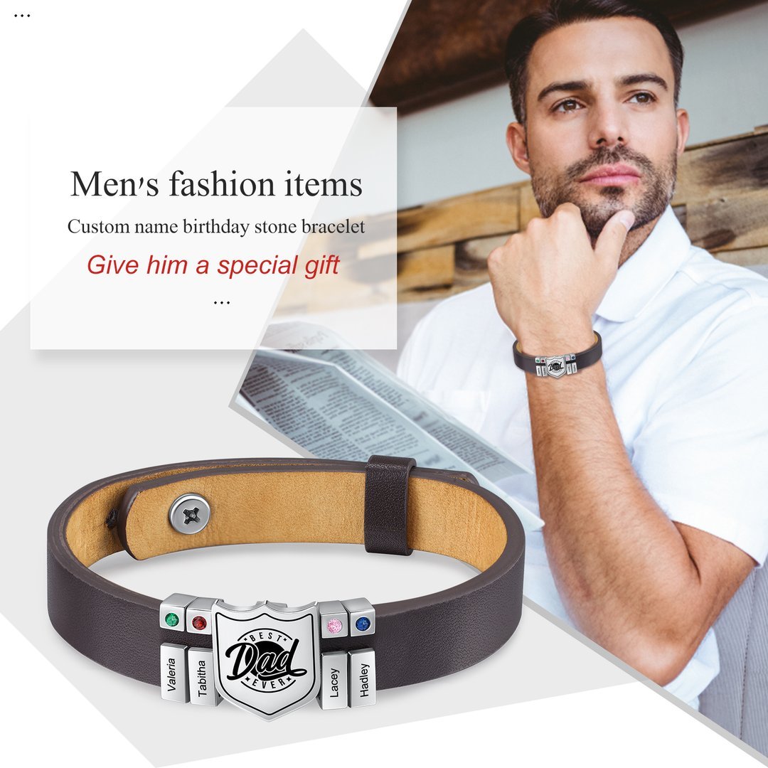 Christmas Gift Men Leather Bracelet Personalized Birthstone and Name Gift