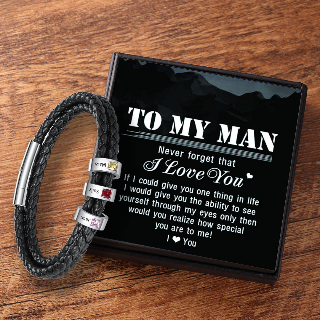 Personalized Mens Leather Bracelet 1-8 Beads with Birthstones