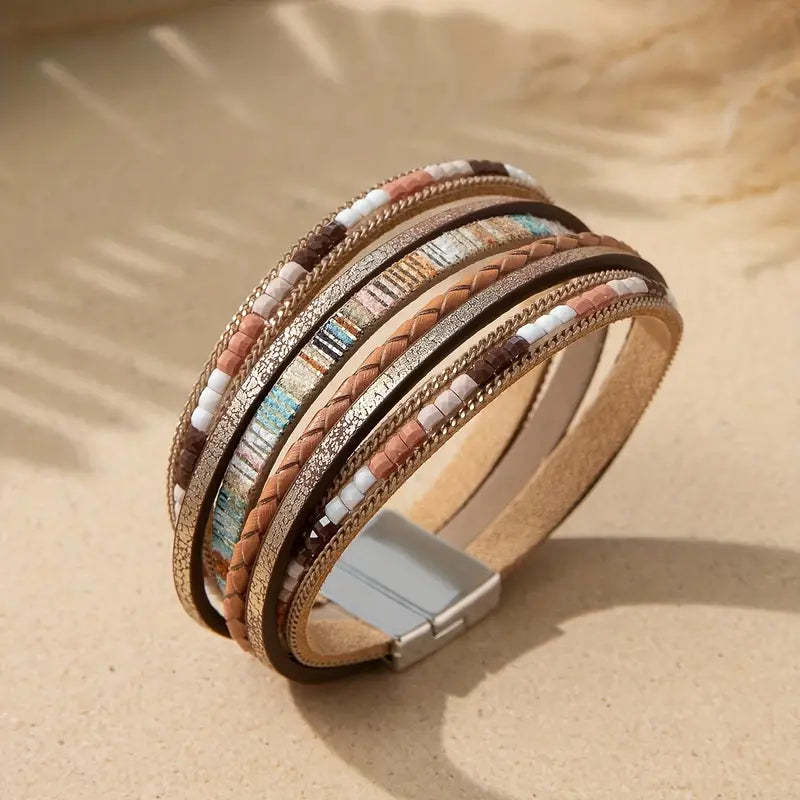 Mother's Day Gift Colorful PU Leather Bracelet With Magnetic Buckle Multi-layer Wrap Bracelet-Engravingift