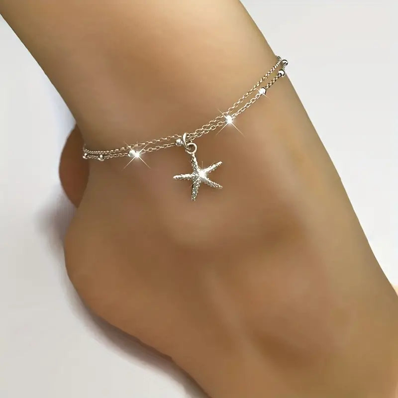 Mother's Day Starfish Shape Pendant Thin Chain Anklet Adjustable Beach Wedding Ankle Bracelet Jewelry-Engravingift