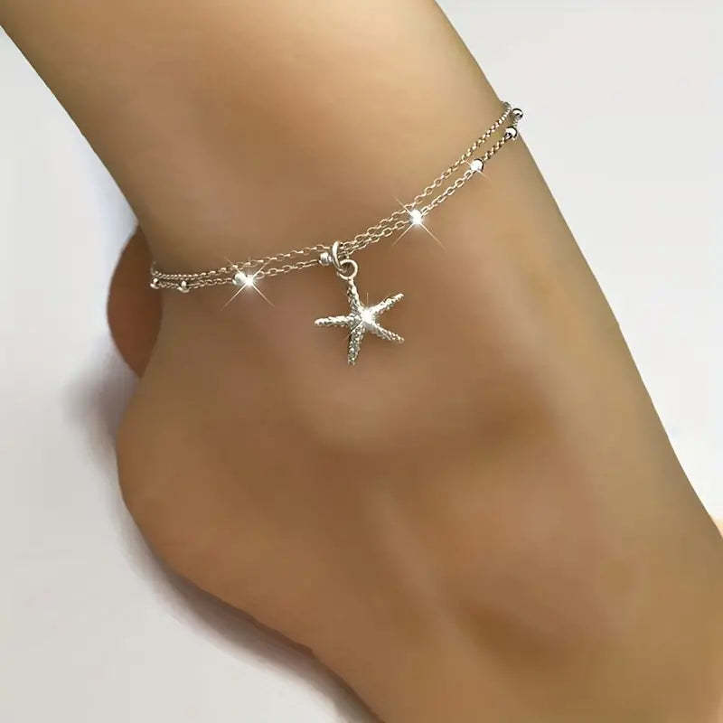 Mother's Day Starfish Shape Pendant Thin Chain Anklet Adjustable Beach Wedding Ankle Bracelet Jewelry-Engravingift