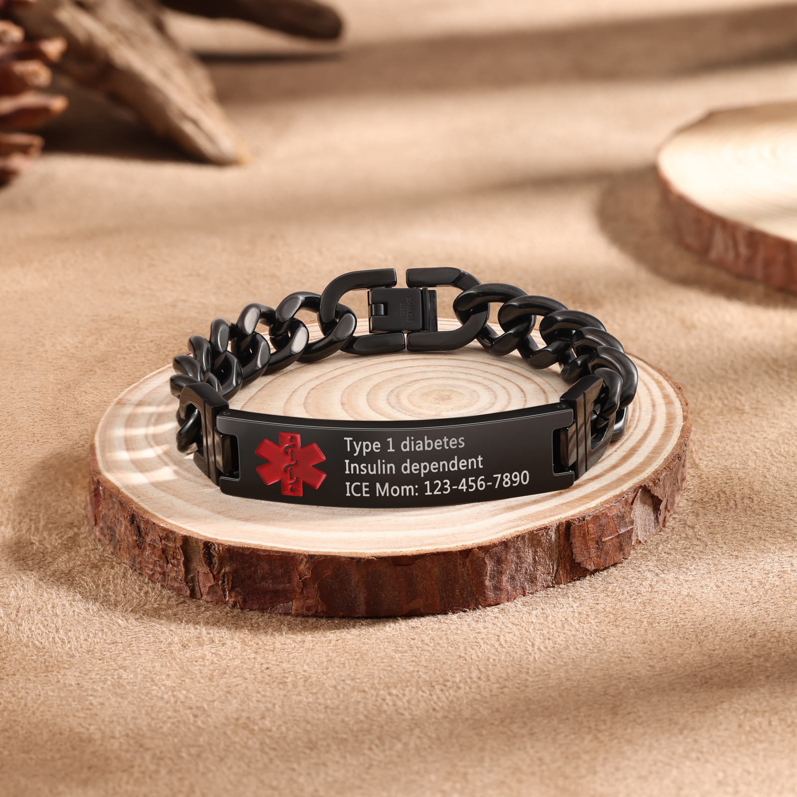 Personalized Medical Alert Bracelet Handcrafted in the USA ID Wristbands Stainless Steel Emergency Black Bracelet-Ships 2 Days