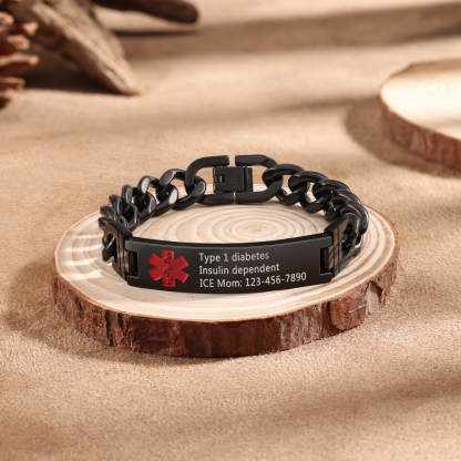 Personalized Medical Alert Bracelet Handcrafted in the USA ID Wristbands Stainless Steel Emergency Black Bracelet-Ships 2 Days