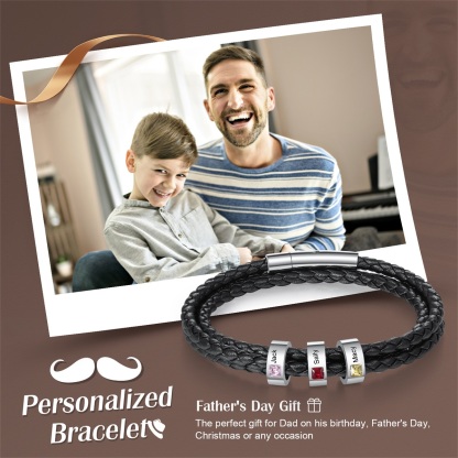 Personalized Mens Leather Bracelet 1-8 Beads with Birthstones