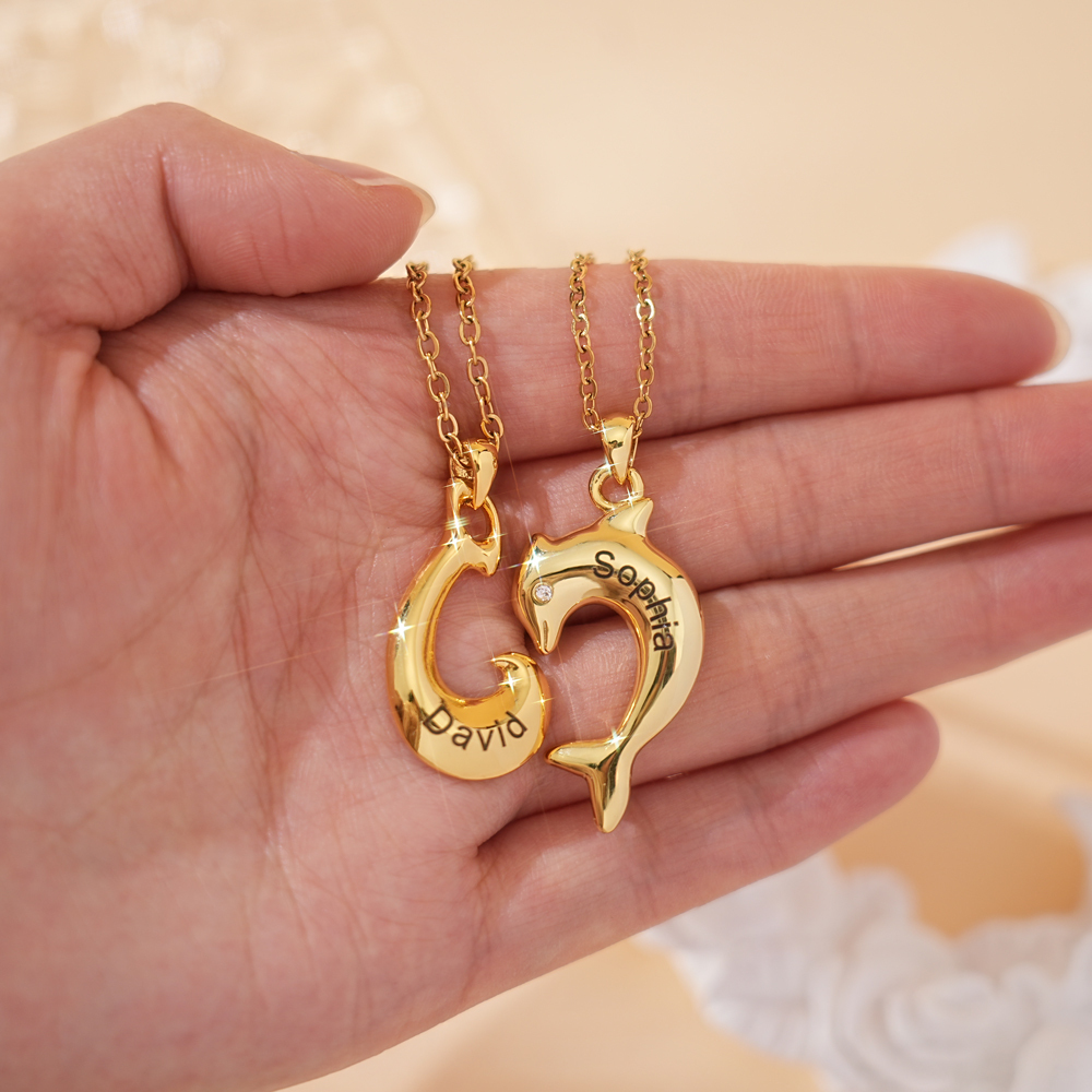 Personalized Dolphin Couple Necklace, Custom 2 Names Jewelry