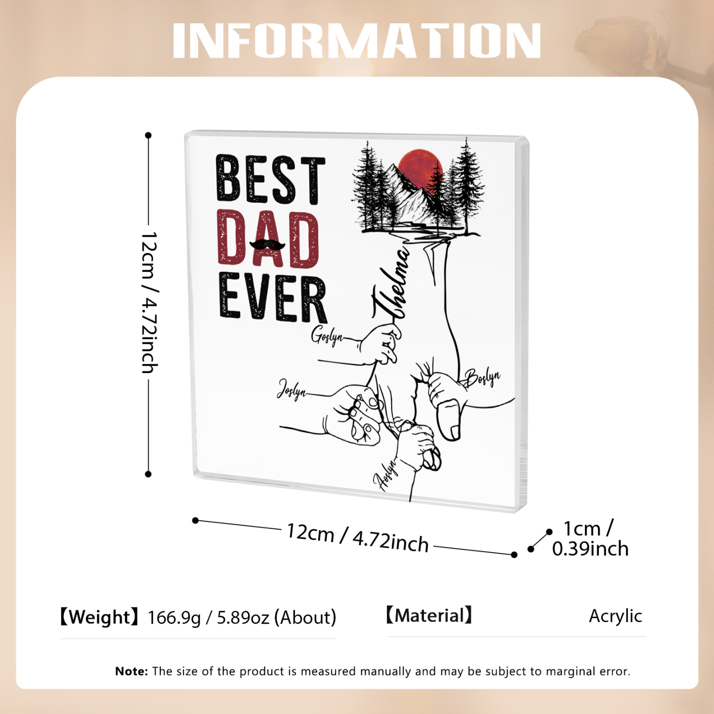 Best Dad Ever Personalized Kids Names Acrylic Square Keepsake Holding Hands Family Gifts for Dad/Husband