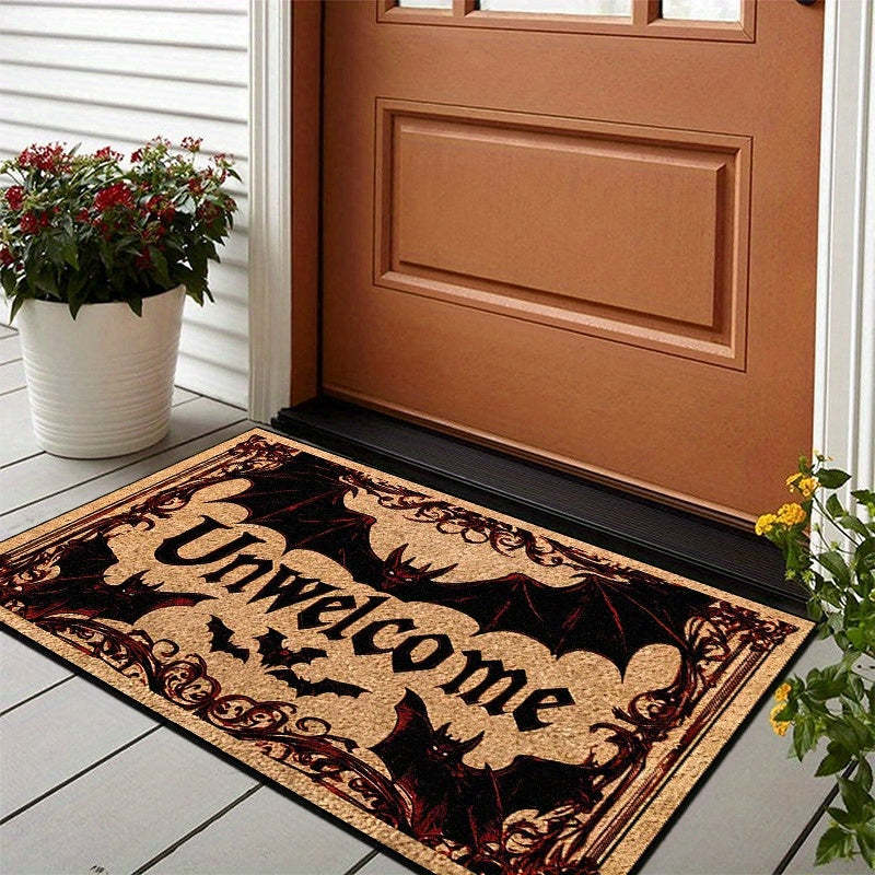 Halloween Bat Welcome Doormat – Non-Slip Heavyweight Plush Rug with Red Gothic Lettering – Indoor/Outdoor Entry Mat for Spooky Home Décor