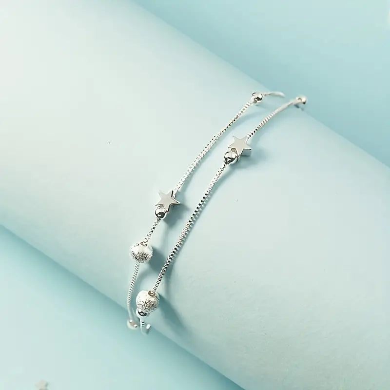 Mother's Day Gift Simple Minimalist Double Layer Chain Anklet With Mini Star Shape Beads Stackable Ankle Bracelet-Engravingift