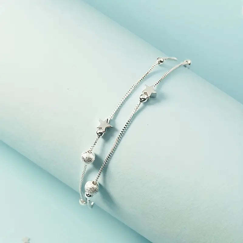 Mother's Day Gift Simple Minimalist Double Layer Chain Anklet With Mini Star Shape Beads Stackable Ankle Bracelet-Engravingift