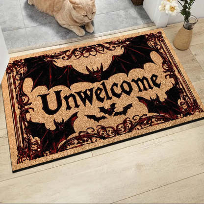 Halloween Bat Welcome Doormat – Non-Slip Heavyweight Plush Rug with Red Gothic Lettering – Indoor/Outdoor Entry Mat for Spooky Home Décor