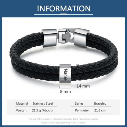 Father's Day Gift Men Leather Bracelet with Bead Custom Two Layers Bracelet, custom black engraved leather son/grandson bracelets for men-Engravingift
