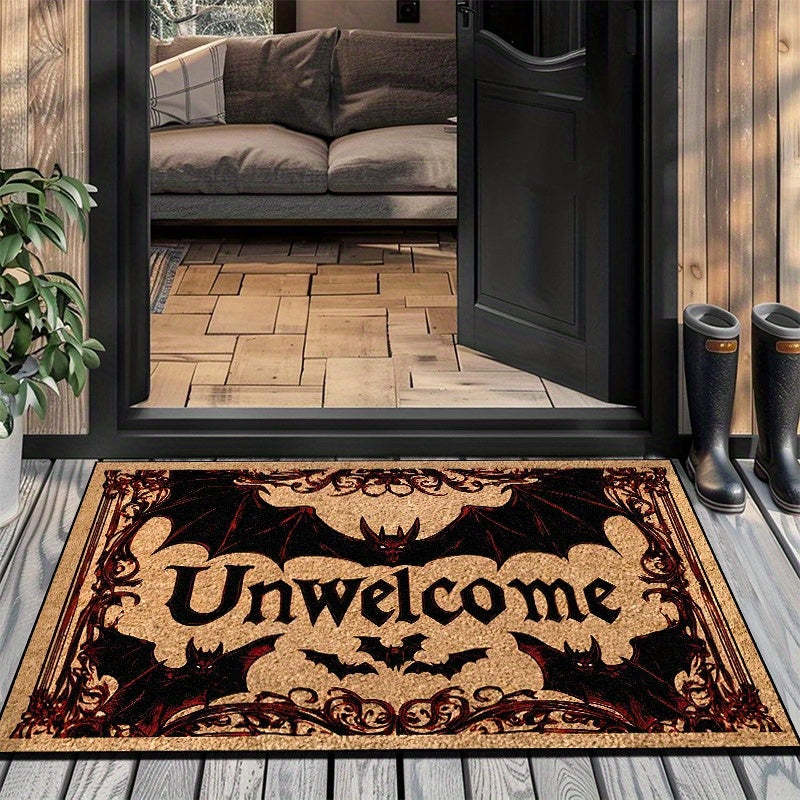 Halloween Bat Welcome Doormat – Non-Slip Heavyweight Plush Rug with Red Gothic Lettering – Indoor/Outdoor Entry Mat for Spooky Home Décor