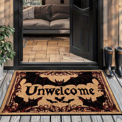 Halloween Bat Welcome Doormat – Non-Slip Heavyweight Plush Rug with Red Gothic Lettering – Indoor/Outdoor Entry Mat for Spooky Home Décor