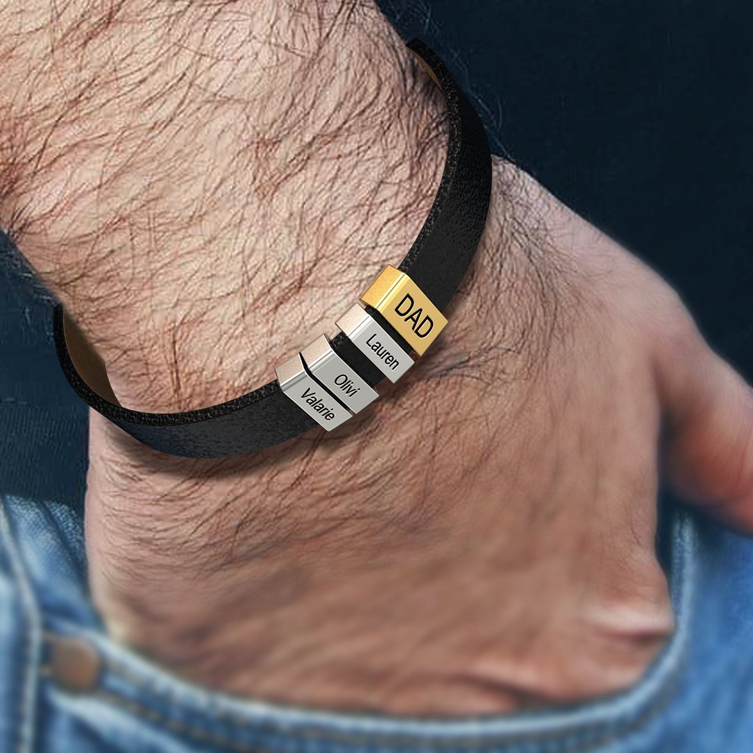 Christmas Gift Genuine Cowhide Bracelet With Kids Name for Dad