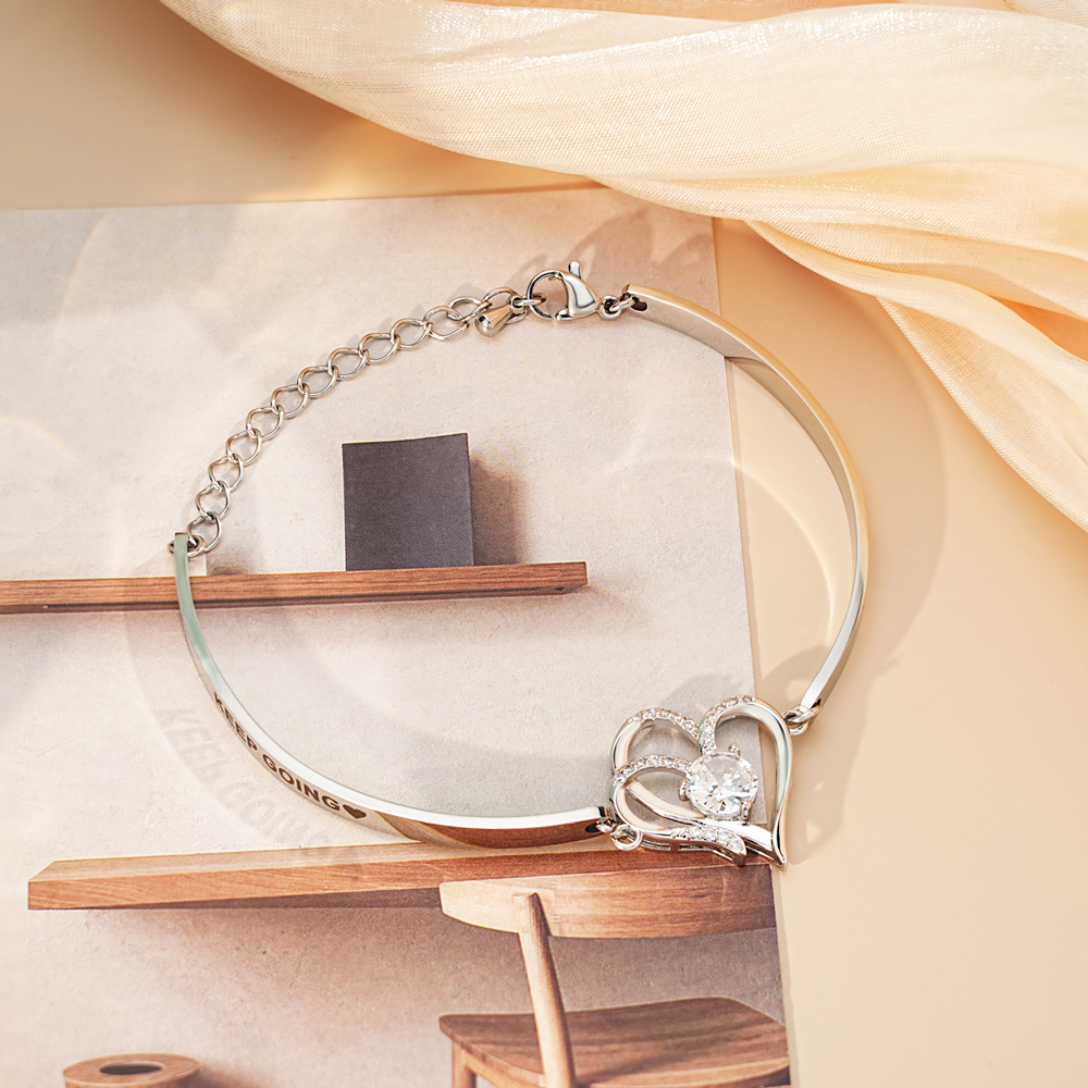 Double Heart Zircon Silver Adjustable Bracelet