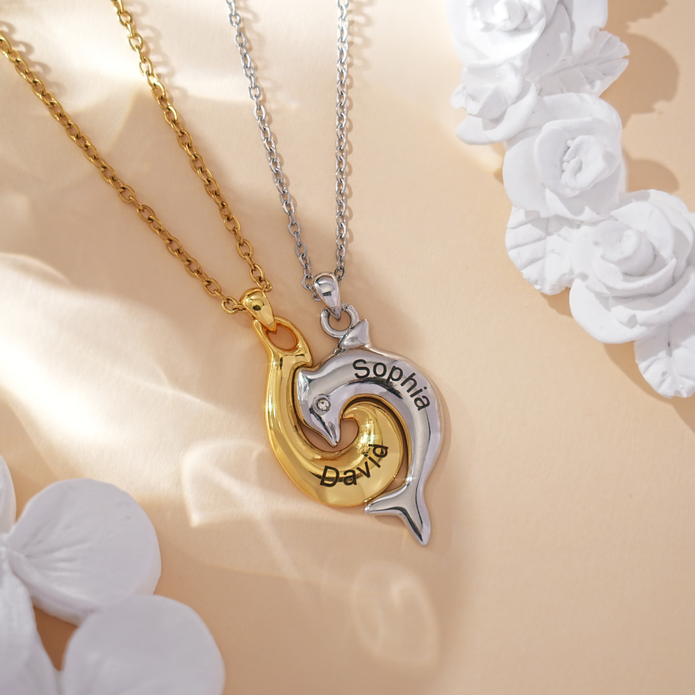 Personalized Dolphin Couple Necklace, Custom 2 Names Jewelry