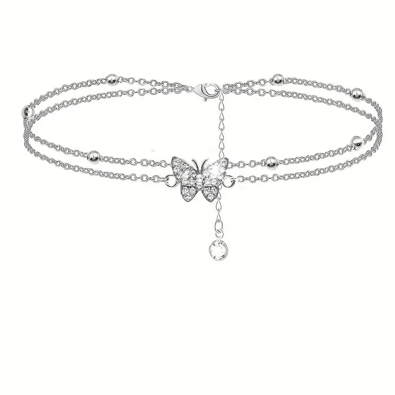 Mother's Day Gift Sparkly Butterfly Double Layers Chain Anklet Versatile Summer Beach Ankle Bracelet White Wedding Foot Ornament-Engravingift