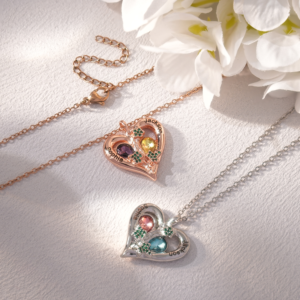 Personalized Love Necklace Custom 2 Birthstones & Names for Women