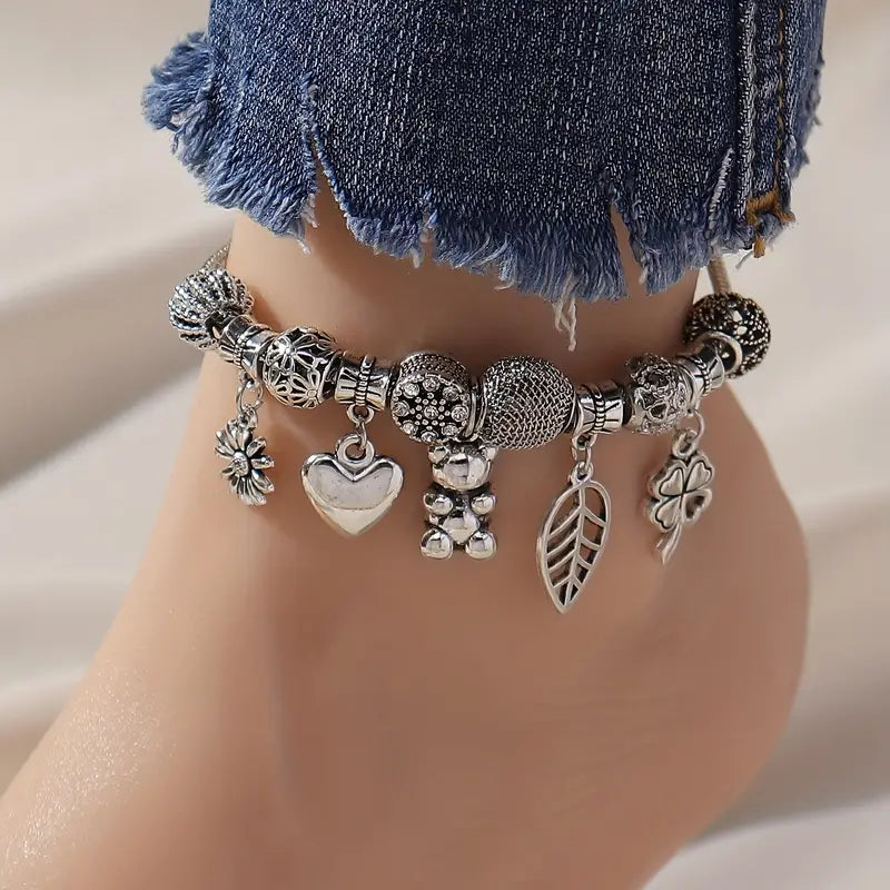 Mother's Day Sunflower & Love Heart Etc Shape Pendant Anklet Creative All-match Ankle Bracelet-Engravingift