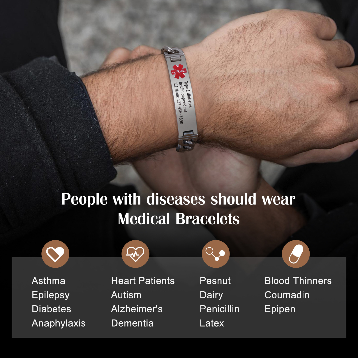 Personalized Medical Alert Bracelet Handcrafted in the USA ID Wristbands Stainless Steel Emergency Black Bracelet-Ships 2 Days