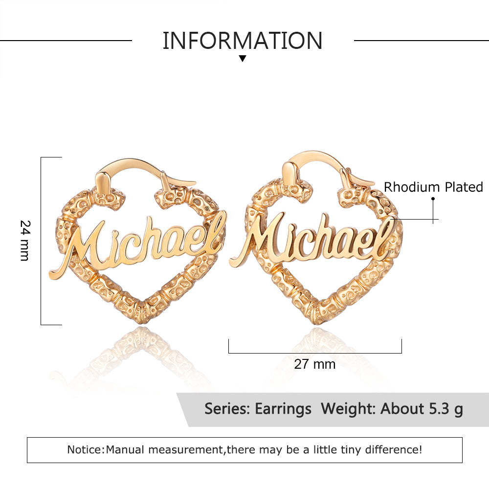 Mother's Day Gift Personalized Heart Name Earrings Custom Bamboo Hoop Earrings for Women-Engravingift