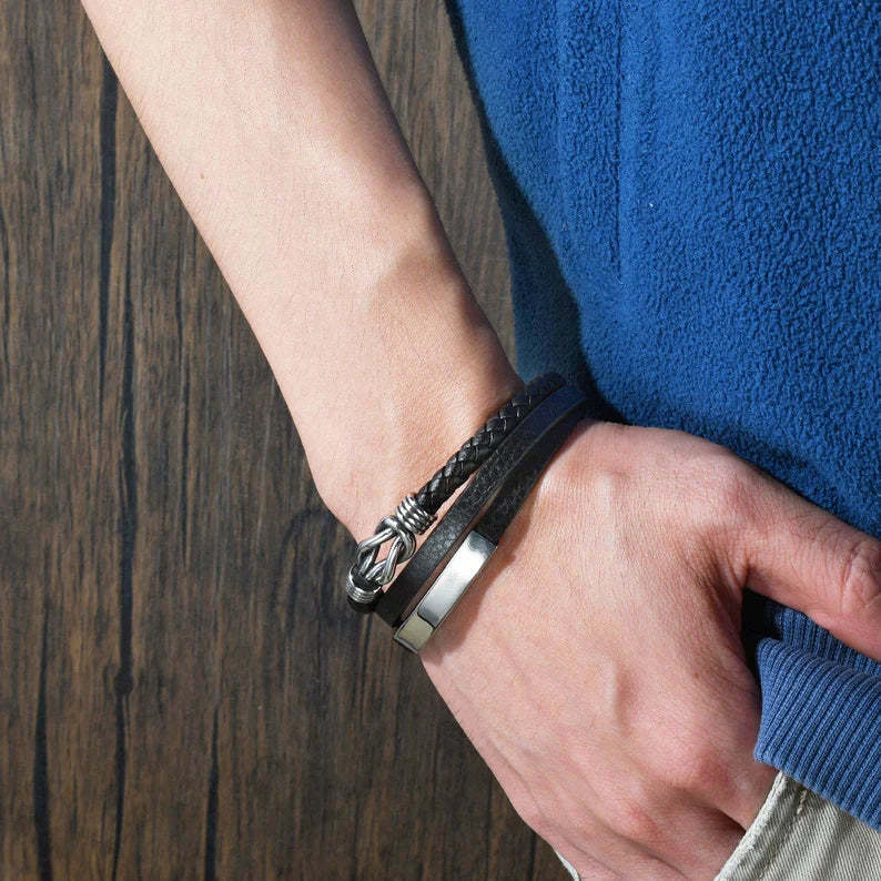 Mother's Day Gift Mother and Son Forever Linked Together Customized Leather Infinity Knot Layered Bracelet Birthday Gift-Engravingift